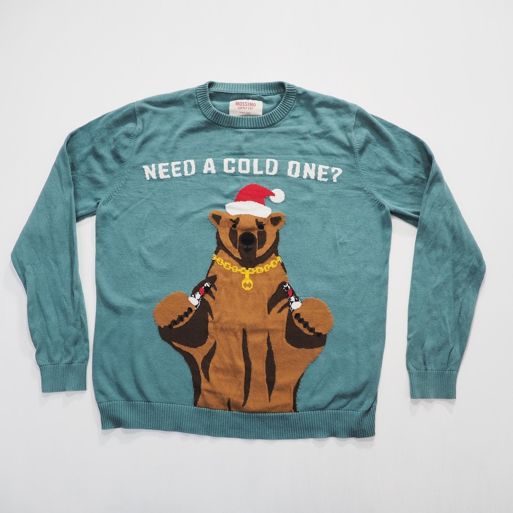 Mossimo Ugly Sweater Men Large Green Christmas Party Drink Bear Holiday Pullover